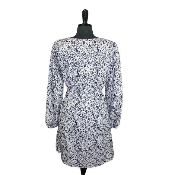 Everly Floral Mini Dress Long Sleeves Tie Waist White Black Pink M - Picture 3 of 5